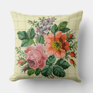 Vintage bloemmotief perzik en roze bloem borduurwe kussen