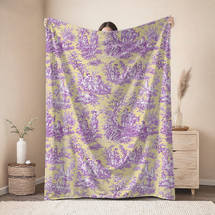 Vintage bloemmotief retro paars geel toile de jouy fleece deken
