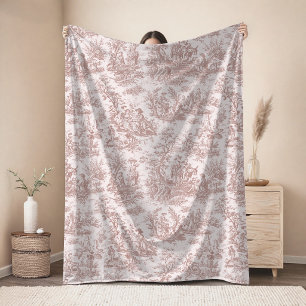 Vintage bloemmotief retro roze grijs toile de jouy fleece deken