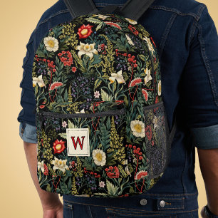 Vintage bloemmotief rode witte groene lelies monog bedrukte rugzak