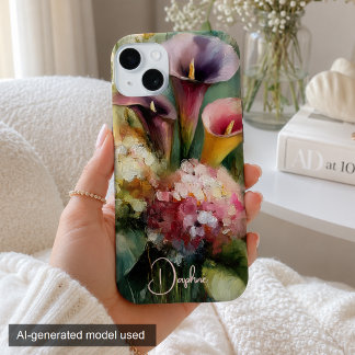 Vintage bloemmotief roze en paarse gepersonaliseer iPhone 15 case