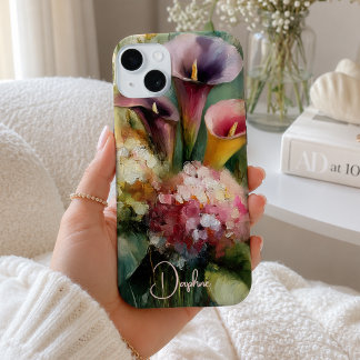 Vintage bloemmotief roze en paarse gepersonaliseer iPhone 15 case