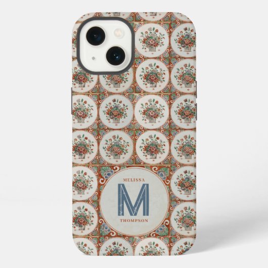 Vintage Bloemmotief Terracotta Tegels Initiaal iPhone Hoesje (Achterkant)