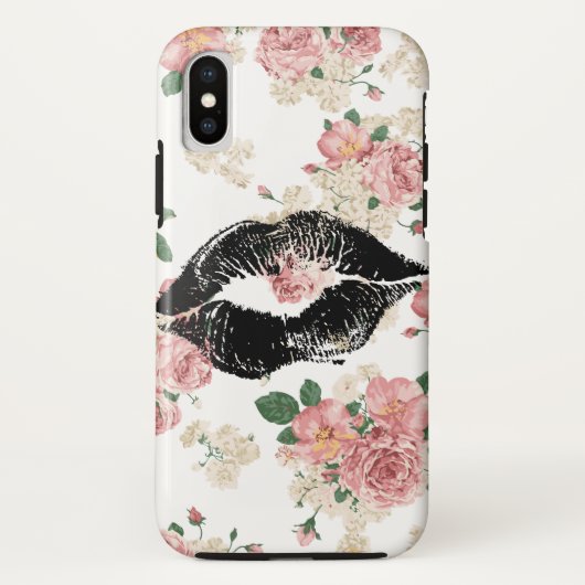 Vintage bloemmotief Zwarte lippenstift Kus Case-Mate iPhone Case (Achterkant)