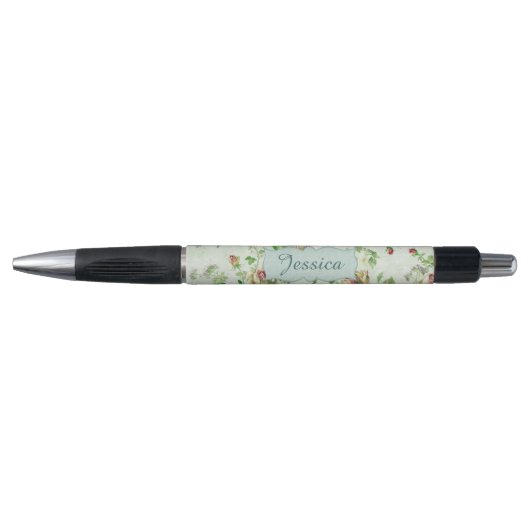 Vintage bloempatroon roze rozen gepersonaliseerd pen (Voorkant)