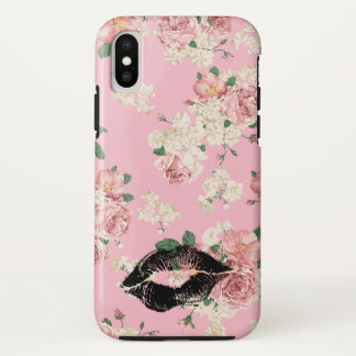 Vintage bloempatroon Zwarte lippenstift Kus Case-Mate iPhone Case