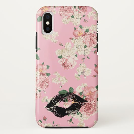 Vintage bloempatroon Zwarte lippenstift Kus Case-Mate iPhone Case (Achterkant)
