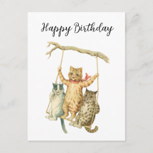 Vintage Bloemrijke Boho Waterverf Katten Gelukkig  Briefkaart