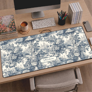 Vintage bloemrijke chic Blauwe toile de jouy monog Bureaumat