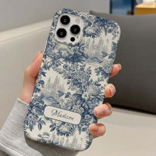 Vintage bloemrijke chic blauwe toile de jouy monog iPhone 16 hoesje