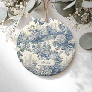 Vintage bloemrijke chic Blauwe toile de jouy monog Keramisch Ornament