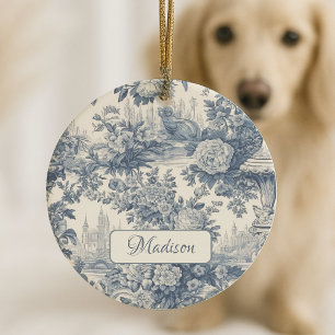 Vintage bloemrijke chic Blauwe toile de jouy monog Keramisch Ornament