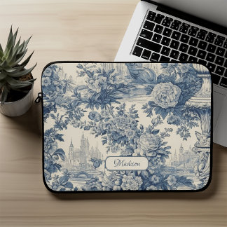 Vintage bloemrijke chic Blauwe toile de jouy monog Laptop Sleeve