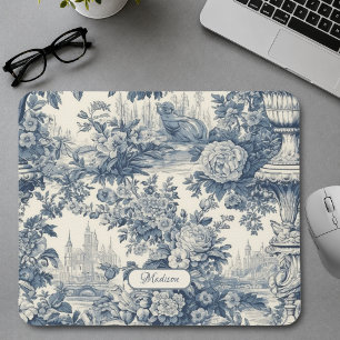 Vintage bloemrijke chic Blauwe toile de jouy monog Muismat