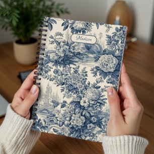 Vintage bloemrijke chic Blauwe toile de jouy monog Notitieboek