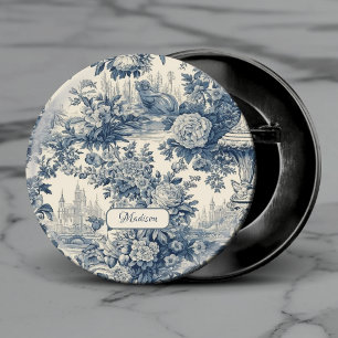 Vintage bloemrijke chic Blauwe toile de jouy monog Ronde Button 3,2 Cm