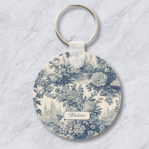 Vintage bloemrijke chic Blauwe toile de jouy monog Sleutelhanger