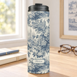 Vintage bloemrijke chic Blauwe toile de jouy monog Thermosbeker