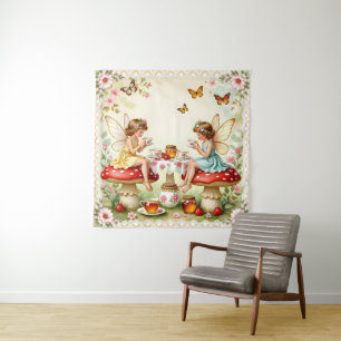 Vintage bloemrijke feeën picknicktuin wandkleed