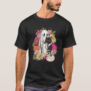 Vintage Bloemrijke Griezelige Geest met Kat Zwarte T-shirt
