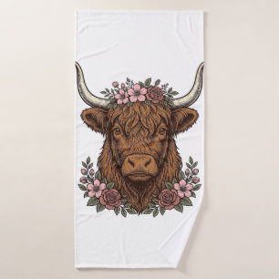 Vintage Bloemrijke Hoogland Koe Vector T-shirt Ont Badhanddoek