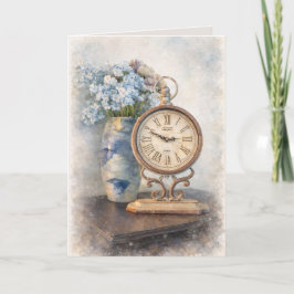 Vintage bloemrijke klok wenskaart – Cottage Core Kaart