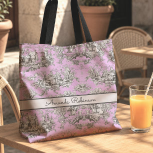 Vintage bloemrijke meer roze toile de jouy monogra tote bag