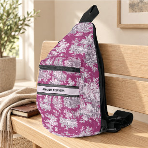 Vintage bloemrijke roze magenta toile de jouy mono sling bag