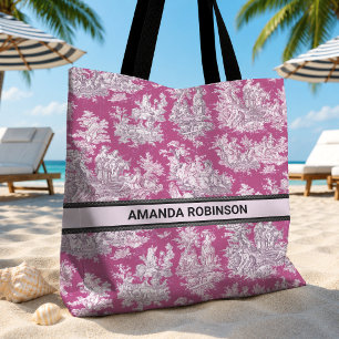 Vintage bloemrijke roze magenta toile de jouy mono tote bag