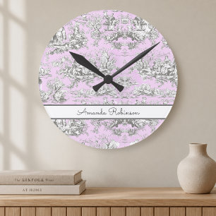 Vintage bloemrijke roze meer toile de jouy monogra ronde klok