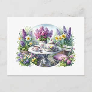 Vintage Bloemrijke Theepartij in de Tuin Briefkaart