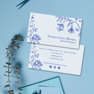 Vintage bloemrozen Doodle Stofblauw Botanisch Visitekaartje