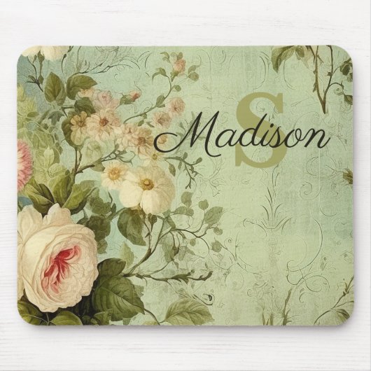 Vintage bloemrozen groen muismat (Voorkant)