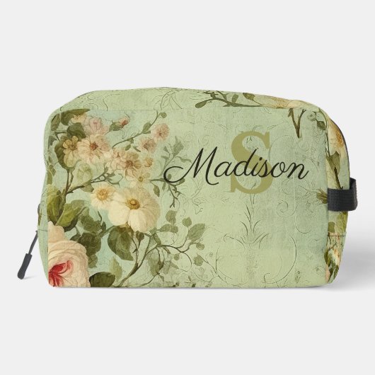 Vintage bloemrozen groen toilettasje (Achterkant)