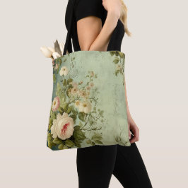 Vintage bloemrozen groen tote bag