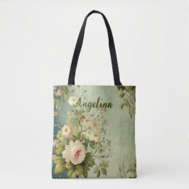 Vintage bloemrozen groen tote bag