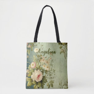 Vintage bloemrozen groen tote bag