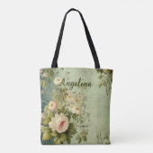 Vintage bloemrozen groen tote bag (Achterkant)