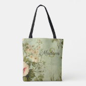 Vintage bloemrozen groen tote bag (Achterkant)