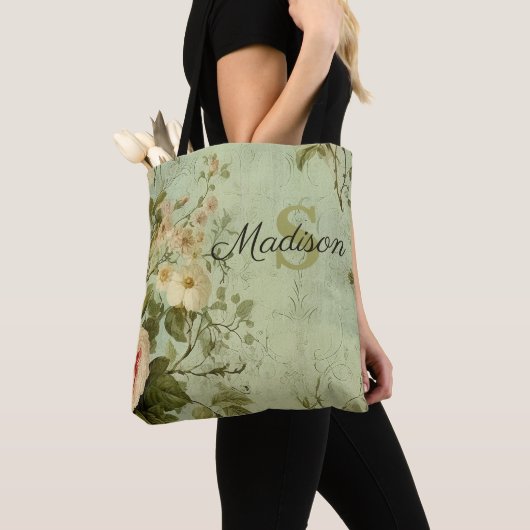 Vintage bloemrozen groen tote bag (Dichtbij)