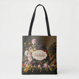Vintage bloemrozenkunst monogram & naam tote bag