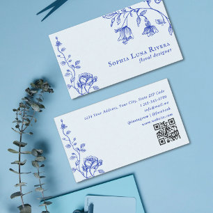Vintage bloemrozenoodle stoffig blauwe QR-code Visitekaartje