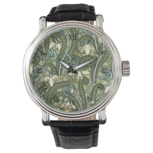 Vintage bloemschildering Art Nouveau sneeuwklokje  Horloge