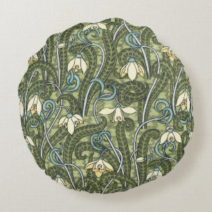 Vintage bloemschildering Art Nouveau sneeuwklokje Rond Kussen