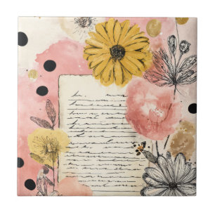 Vintage bloemschildering met schrift en polkadots tegeltje
