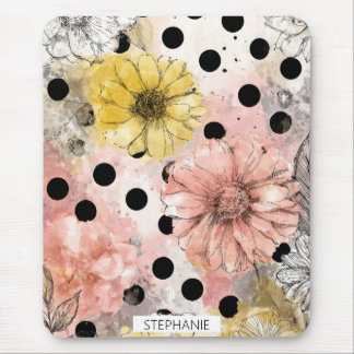 Vintage bloemschildering met waterverf en polkadot muismat