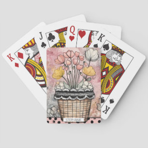 Vintage bloemschildering met waterverf en polkadot pokerkaarten