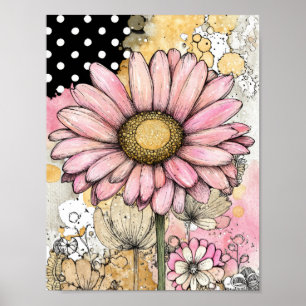 Vintage bloemschildering met waterverf en polkadot poster