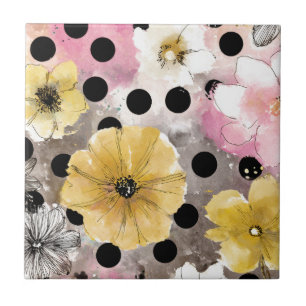 Vintage bloemschildering met waterverf en stippen tegeltje