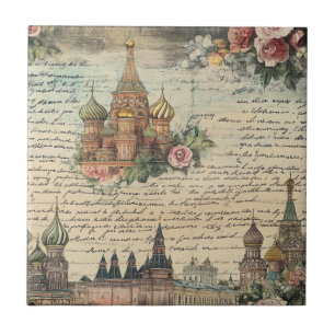 Vintage bloemschildering Moskou Kunstwerk - Handge Tegeltje